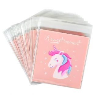 Fako Bijoux® - 100x Eenhoorn / Unicorn Uitdeelzakjes - Cellofaan Plastic Traktatie Kado Zakjes - Snoepzakjes - Kinderfeestje - Eenhoorn Print - 7x7cm - 100 Stuks