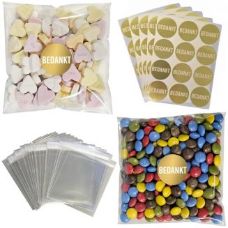 100x Uitdeelzakjes + Sluitstickers Bedankt - Zakjes Met Plakstrip - Zelfklevende Zakjes - Uitdeelzakjes - School Traktaties - Transparant - 14x14cm - 100 Stuks