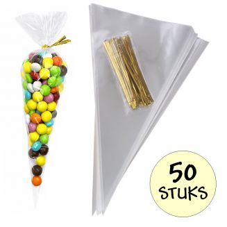 Merkloos - 50x Cellofaan Puntzakken 30x16cm - Puntzak Doorzichtig - Traktatie Zak - Snoepzak - Inclusief Sluitstrips - 16x30cm - 50 Stuks