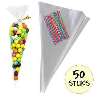 Fako Bijoux® - 50x Cellofaan Puntzakken 37x18cm - Puntzak Doorzichtig - Traktatie Zak - Snoepzak - Inclusief Sluitstrips Tekst - 18x37cm - 50 Stuks