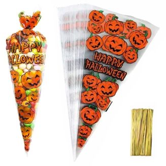 Merkloos - 100x Cellofaan Puntzakken Halloween 34x17cm - Puntzak Pompoen - Traktatie Zak - Snoepzak - Inclusief Sluitstrips - 17x34cm - 100 Stuks