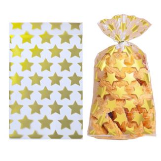 Fako Bijoux® - 100x Cellofaan Zakjes Sterren XL - Uitdeelzakjes - Plastic Traktatie Cadeau Zakjes - Snoepzakjes - Sterren - 13x21cm – Goud