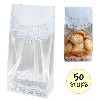Fako Bijoux® - Bodem Cellofaan Zakjes 8x6x23cm - Zelf Staande Zakjes - Uitdeelzakjes - Rand Wit - 50 Stuks