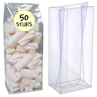 Fako Bijoux® - Blokbodemzakjes Plastic Transparant - 80x50x250mm - 100% Polypropyleen - Recyclebaar- Rechthoekige Zak - Duurzaam - Voedsel Verpakking - 50 Stuks
