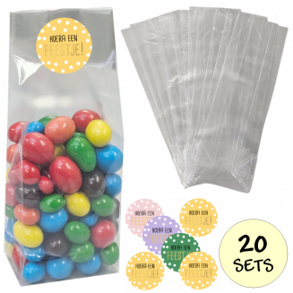 Fako Bijoux® - Uitdeelzakjes Met Sluitstickers - 20 Stickers & 20 Zakjes - Blokbodemzakjes - Cellofaanzakjes - Traktatie Zakjes - 20 Sets - Hoera Een Feestje