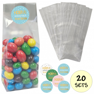 Fako Bijoux® - Uitdeelzakjes Met Sluitstickers - 20 Stickers & 20 Zakjes - Blokbodemzakjes - Cellofaanzakjes - Traktatie Zakjes - 20 Sets - Hoera Trakteren