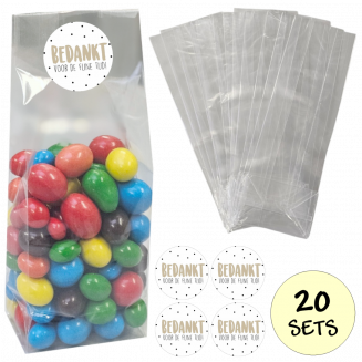 Fako Bijoux® - Uitdeelzakjes Met Sluitstickers - 20 Stickers & 20 Zakjes - Blokbodemzakjes - Cellofaanzakjes - Traktatie Zakjes - 20 Sets - Bedankt Voor De Fijne Tijd!