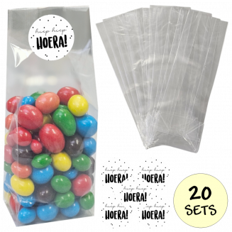 Fako Bijoux® - Uitdeelzakjes Met Sluitstickers - 20 Stickers & 20 Zakjes - Blokbodemzakjes - Cellofaanzakjes - Traktatie Zakjes - 20 Sets - Hiep Hiep Hoera