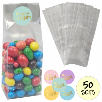 Fako Bijoux® - Uitdeelzakjes Met Sluitstickers - 50 Stickers & 50 Zakjes - Blokbodemzakjes - Cellofaanzakjes - Traktatie Zakjes - 50 Sets - Happy Birthday