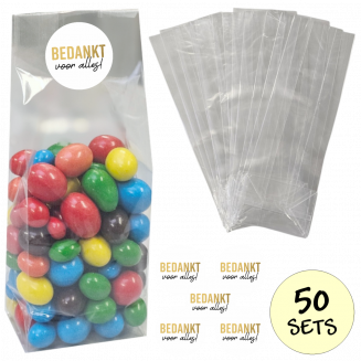 Fako Bijoux® - Uitdeelzakjes Met Sluitstickers - 50 Stickers & 50 Zakjes - Blokbodemzakjes - Cellofaanzakjes - Traktatie Zakjes - 50 Sets - Bedankt Voor Alles