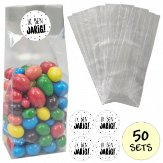 Fako Bijoux® - Uitdeelzakjes Met Sluitstickers - 50 Stickers & 50 Zakjes - Blokbodemzakjes - Cellofaanzakjes - Traktatie Zakjes - 50 Sets - Ik Ben Jarig!