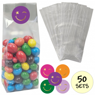 Fako Bijoux® - Uitdeelzakjes Met Sluitstickers - 50 Stickers & 50 Zakjes - Blokbodemzakjes - Cellofaanzakjes - Traktatie Zakjes - 50 Sets - Emoji Ster