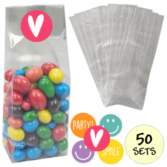 Fako Bijoux® - Uitdeelzakjes Met Sluitstickers - 50 Stickers & 50 Zakjes - Blokbodemzakjes - Cellofaanzakjes - Traktatie Zakjes - 50 Sets - Smile Party