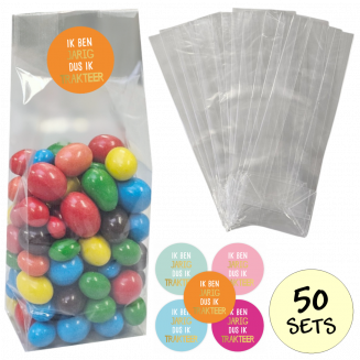 Fako Bijoux® - Uitdeelzakjes Met Sluitstickers - 50 Stickers & 50 Zakjes - Blokbodemzakjes - Cellofaanzakjes - Traktatie Zakjes - 50 Sets - Ik Ben Jarig Dus Ik Trakteer (Goudfolie)