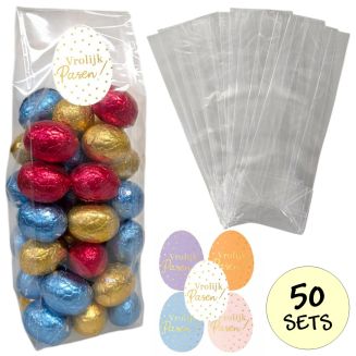 Fako Bijoux - Uitdeelzakjes Met Sluitstickers - 50 Stickers & 50 Zakjes - Blokbodemzakjes - Cellofaanzakjes - Traktatie Zakjes - 50 Sets - Vrolijk Pasen!