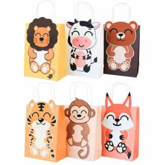 Fako Bijoux® - 12 Uitdeelzakjes Met Handvat Zoo - 16x8x22cm - Stevig Papier - Traktatie Tasjes - Uitdeeltasjes - Cadeau Zakjes - 6 Verschillende Dieren - Kraftpapier - 12 Stuks