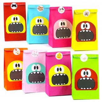 Fako Bijoux® - 24 Uitdeelzakjes + Stickers - Monsters - 12x8x22cm - Stevig Papier - Traktatie Zakjes - Papieren Zakjes - Cadeau Zakjes - 8 Verschillende Kleuren - Kraftpapier - 24 Stuks