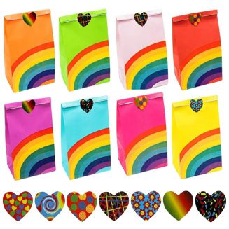 Fako Bijoux® - 24 Uitdeelzakjes + Stickers - Regenboog - 12x8x22cm - Stevig Papier - Traktatie Zakjes - Papieren Zakjes - Cadeau Zakjes - 8 Verschillende Prints - Kraftpapier - 24 Stuks