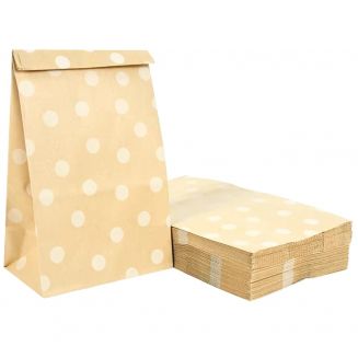 Fako Bijoux® - 24 Beige Uitdeelzakjes Met Stippen - 13x8x24cm - Stevig Papier - Traktatie Zakjes - Papieren Zakjes - Cadeau Zakjes - Met Blokbodem - Beige - 24 Stuks