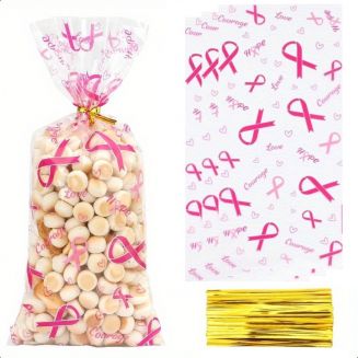 Fako Bijoux® - Uitzeelzakjes Pink Ribbon - 12.5x27.5cm - 50 Stuks - Traktatie Zakjes Voor Uitdeelcadeautjes - Uitdeelzakjes Feestje - Verjaardag - Feestje - Pink Ribbon Print - 50 Stuks