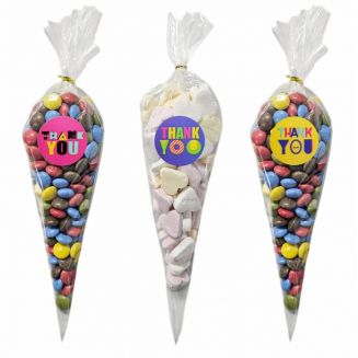 Fako Bijoux® - 50x Cellofaan Puntzakken 30x16cm + 60 Stickers Thank You Retro - Puntzak Doorzichtig - Traktatie Zak - Snoepzak - Inclusief Sluitstrips - 16x30cm - 50 Stuks