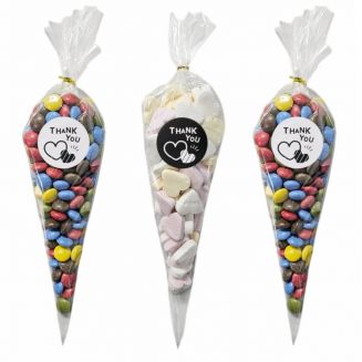 Fako Bijoux® - 50x Cellofaan Puntzakken 30x16cm + 60 Stickers Thank You Hart Zwart & Wit - Puntzak Doorzichtig - Traktatie Zak - Snoepzak - Inclusief Sluitstrips - 16x30cm - 50 Stuks
