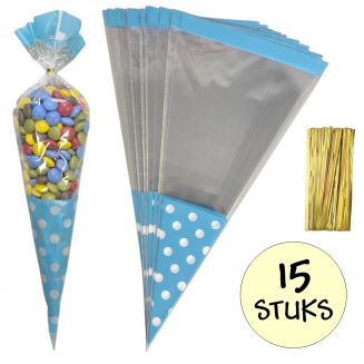 Fako Bijoux® - 15x Cellofaan Puntzakken Blauwe Stippen 37x18cm - Uitdeelzak - Traktatie Zak - Snoepzak - Inclusief Sluitstrips - 18x37cm - Blauw - 15 Stuks
