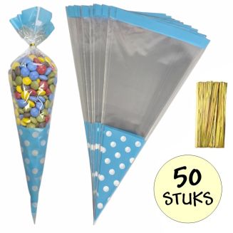 Merkloos - 50x Cellofaan Puntzakken Blauwe Stippen 37x18cm - Uitdeelzak - Traktatie Zak - Snoepzak - Inclusief Sluitstrips - 18x37cm - Blauw - 50 Stuks