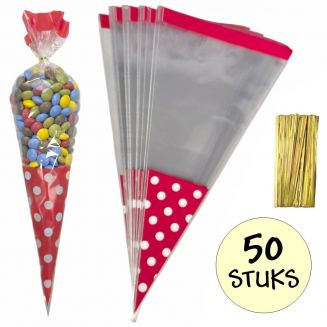 Fako Bijoux® - 50x Cellofaan Puntzakken Rode Stippen 37x18cm - Uitdeelzak - Traktatie Zak - Snoepzak - Inclusief Sluitstrips - 18x37cm - Rood - 50 Stuks