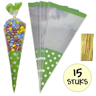 Fako Bijoux® - 15x Cellofaan Puntzakken Groene Stippen 37x18cm - Uitdeelzak - Traktatie Zak - Snoepzak - Inclusief Sluitstrips - 18x37cm - Groen - 15 Stuks