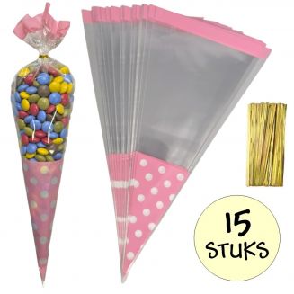 Fako Bijoux® - 15x Cellofaan Puntzakken Roze Stippen 37x18cm - Uitdeelzak - Traktatie Zak - Snoepzak - Inclusief Sluitstrips - 18x37cm - Roze - 15 Stuks