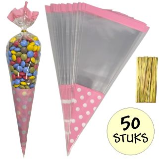 Merkloos - 50x Cellofaan Puntzakken Roze Stippen 37x18cm - Uitdeelzak - Traktatie Zak - Snoepzak - Inclusief Sluitstrips - 18x37cm - Roze - 50 Stuks