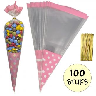 Fako Bijoux® - 100x Cellofaan Puntzakken Roze Stippen 37x18cm - Uitdeelzak - Traktatie Zak - Snoepzak - Inclusief Sluitstrips - 18x37cm - Roze - 100 Stuks