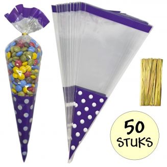 Fako Bijoux® - 50x Cellofaan Puntzakken Paarse Stippen 37x18cm - Uitdeelzak - Traktatie Zak - Snoepzak - Inclusief Sluitstrips - 18x37cm - Paars - 50 Stuks