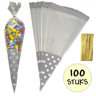 Fako Bijoux® - 100x Cellofaan Puntzakken Grijze Stippen 37x18cm - Uitdeelzak - Traktatie Zak - Snoepzak - Inclusief Sluitstrips - 18x37cm - Grijs - 100 Stuks