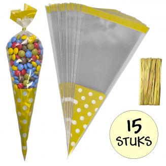Fako Bijoux® - 15x Cellofaan Puntzakken Gouden Stippen 37x18cm - Uitdeelzak - Traktatie Zak - Snoepzak - Inclusief Sluitstrips - 18x37cm - Goud - 15 Stuks