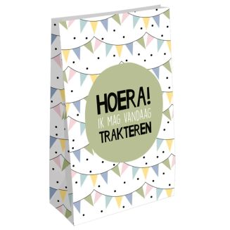 Fako Bijoux - 24 Uitdeelzakjes Hoera! Ik Mag Vandaag Trakteren - 14x8x26cm - Stevig Papier - Traktatie Zakjes - Papieren Zakjes - Cadeau Zakjes - Met Blokbodem - 24 Stuks
