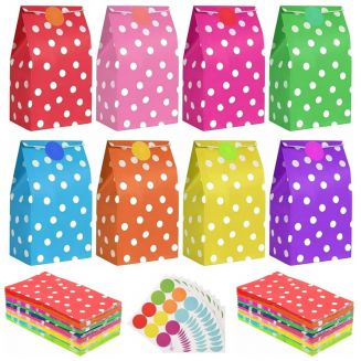 Fako Bijoux® - 24 Gekleurde Uitdeelzakjes Stippen met Stickers - 13x8x24cm - Stevig Papier - Traktatie Zakjes - Papieren Zakjes - Cadeau Zakjes - Met Blokbodem - Sluitstickers - Mix - 24 Stuks