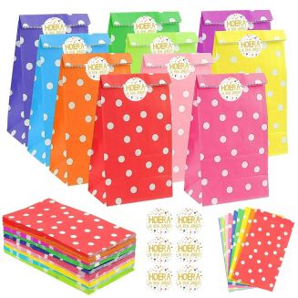 Fako Bijoux® - 24 Gekleurde Uitdeelzakjes Stippen met Stickers - 13x8x24cm - Stevig Papier - Traktatie Zakjes - Papieren Zakjes - Cadeau Zakjes - Met Blokbodem - Sluitstickers Hoera - Mix - 24 Stuks