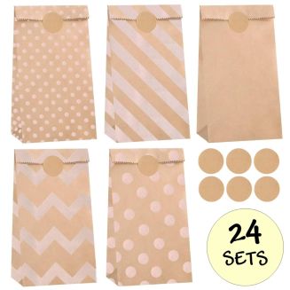 Fako Bijoux - 24 Natural Uitdeelzakjes Patroon met Stickers - 13x8x24cm - Stevig Papier - Traktatie Zakjes - Papieren Zakjes - Cadeau Zakjes - Met Blokbodem - Sluitstickers - Mix - 24 Stuks