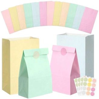 Fako Bijoux® - 24 Pastel Gekleurde Uitdeelzakjes met Stickers - 13x8x24cm - Stevig Papier - Traktatie Zakjes - Papieren Zakjes - Cadeau Zakjes - Met Blokbodem - Sluitstickers - Pastel Mix - 24 Stuks