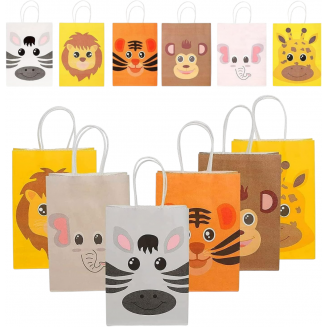 Fako Bijoux® - 12 Papieren Uitdeeltasjes Dieren - 15x8x21cm - Stevig Papier - Traktatie Zakjes - Papieren Tasjes - Cadeau Zakjes - Uitdeelzakjes - 6 Verschillende Motieven - Kraftpapier - 12 Stuks