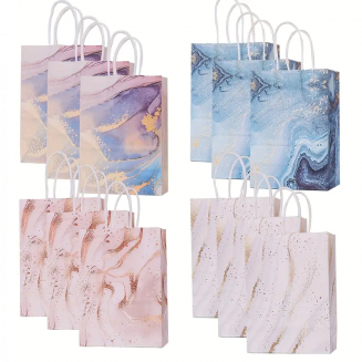Fako Bijoux® - 12 Papieren Uitdeeltasjes Marmer - 15x8x21cm - Stevig Papier - Traktatie Zakjes - Papieren Tasjes - Cadeau Zakjes - Uitdeelzakjes - 6 Verschillende Motieven - Kraftpapier - 12 Stuks