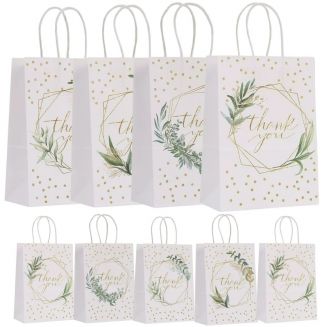 Fako Bijoux® - 12 Papieren Uitdeeltasjes Thank You Wit - 15x8x21cm - Stevig Papier - Traktatie Zakjes - Papieren Tasjes - Cadeau Zakjes - Uitdeelzakjes - 4 Verschillende Motieven - Kraftpapier - 12 Stuks