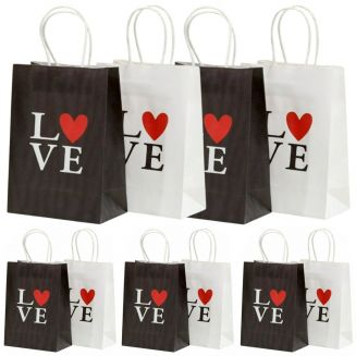 Fako Bijoux® - 12 Papieren Uitdeeltasjes Love - 15x8x21cm - Stevig Papier - Traktatie Zakjes - Papieren Tasjes - Cadeau Zakjes - Uitdeelzakjes - 2 Verschillende Kleuren - Kraftpapier - 12 Stuks
