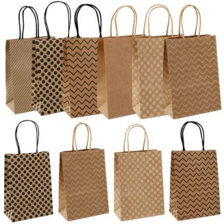 Fako Bijoux® - 12 Papieren Uitdeeltasjes Natural Print - 15x8x21cm - Stevig Papier - Traktatie Zakjes - Papieren Tasjes - Cadeau Zakjes - Uitdeelzakjes - 6 Verschillende Motieven - Kraftpapier - 12 Stuks