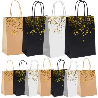 Fako Bijoux® - 12 Papieren Uitdeeltasjes Gold Print Mix - 15x8x21cm - Stevig Papier - Traktatie Zakjes - Papieren Tasjes - Cadeau Zakjes - Uitdeelzakjes - Goud Print Mix - Kraftpapier - 12 Stuks