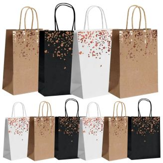 Fako Bijoux® - 12 Papieren Uitdeeltasjes Rose Gold Print Mix - 15x8x21cm - Stevig Papier - Traktatie Zakjes - Papieren Tasjes - Cadeau Zakjes - Uitdeelzakjes - Rosé Goud Print Mix - Kraftpapier - 12 Stuks