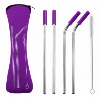 Fako Bijoux® - RVS Rietjes - 4 Stuks - 2 x Recht & 2 x Gebogen - 21 cm - 1 Schoonmaakborsteltje - Neopreen Etui - Paars