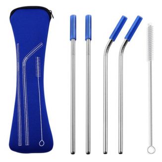 Fako Bijoux® - RVS Rietjes - 4 Stuks - 2 x Recht & 2 x Gebogen - 21 cm - 1 Schoonmaakborsteltje - Neopreen Etui - Donkerblauw